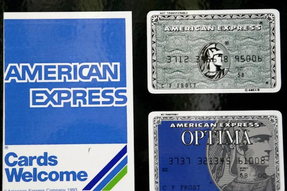 Previous versions of the AmEx identity, with different lettering styles in the Blue Box and on the cards.