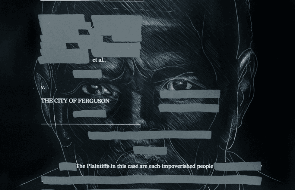 A white pencil sketch of a man on a dark background with lines redacted over it.