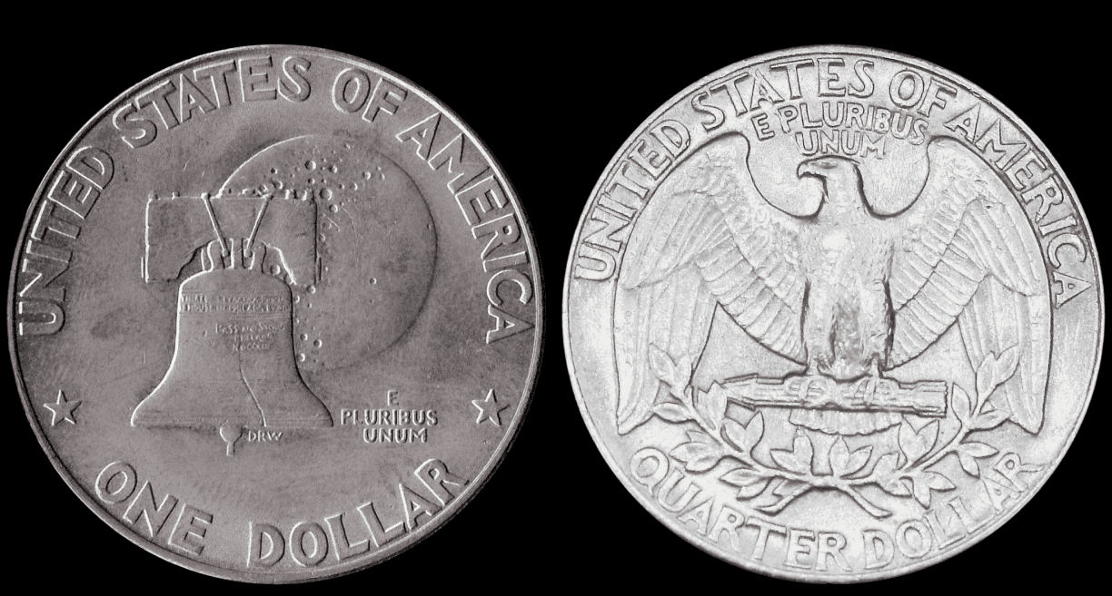 The image is a close-up view of the reverse side of a U.S. coin. The visible part of the coin includes the words "UNITED STATES OF AMERICA" around the top edge. Below the text, the Liberty Bell is prominently featured in the center of the design. Behind the Liberty Bell, there is an impression of the moon with various craters, symbolizing the Apollo 11 mission. The combination of the Liberty Bell and the moon represents the Bicentennial celebration, blending American independence and the space achievement. This coin is likely part of the 1976 Bicentennial series.
